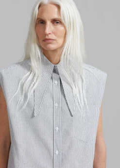 The Frankie Shop Aiden Long Collar Shirt Grey Stripe New