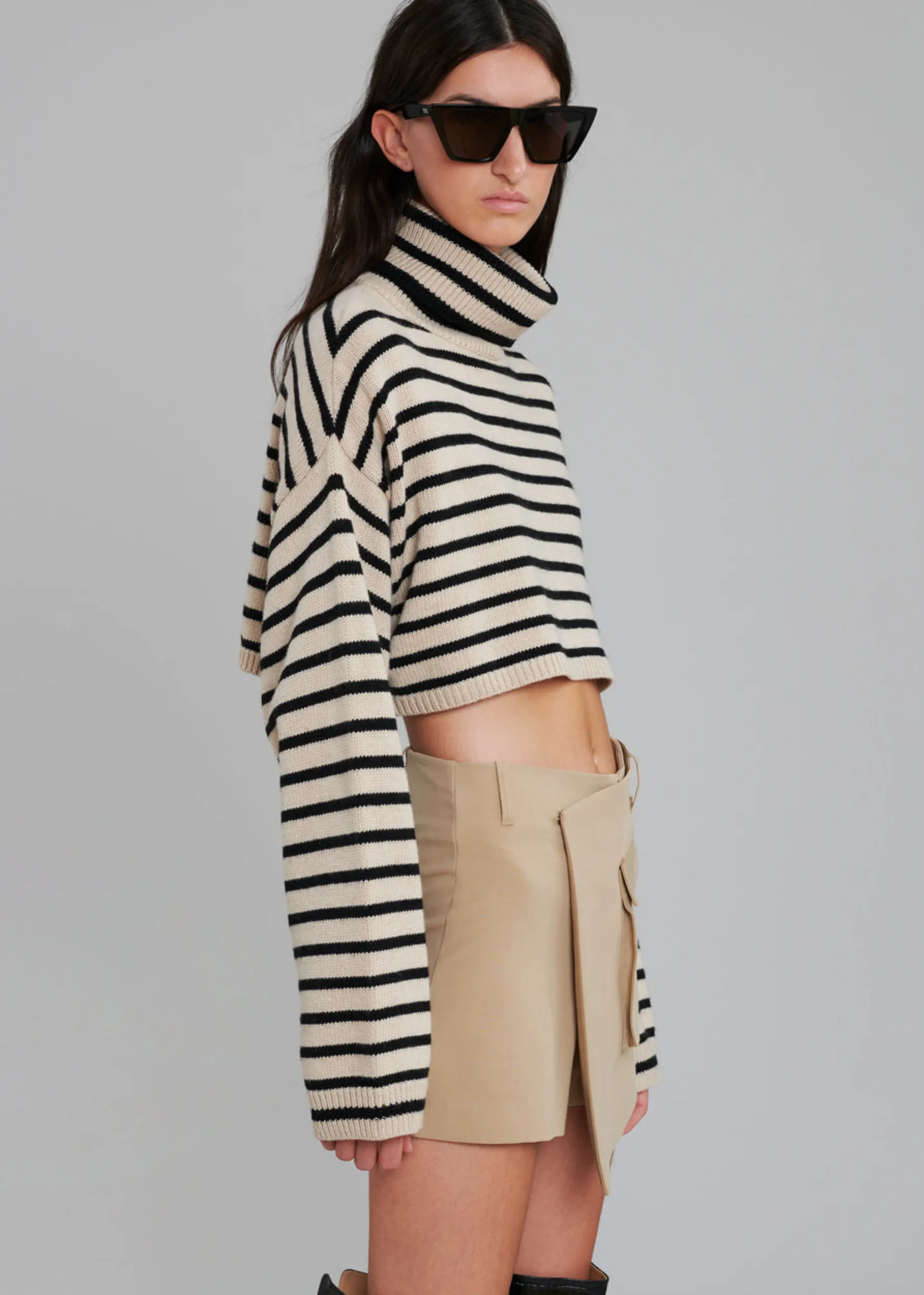 The Frankie Shop Athina Cropped Turtleneck Sweater Beige Stripe Discount