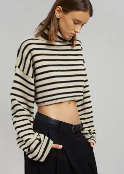 The Frankie Shop Athina Cropped Turtleneck Sweater Beige Stripe Discount