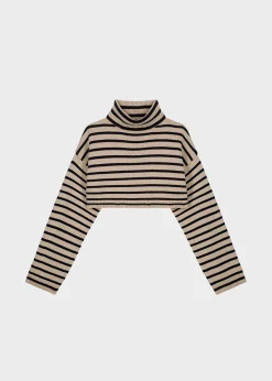 The Frankie Shop Athina Cropped Turtleneck Sweater Beige Stripe Discount