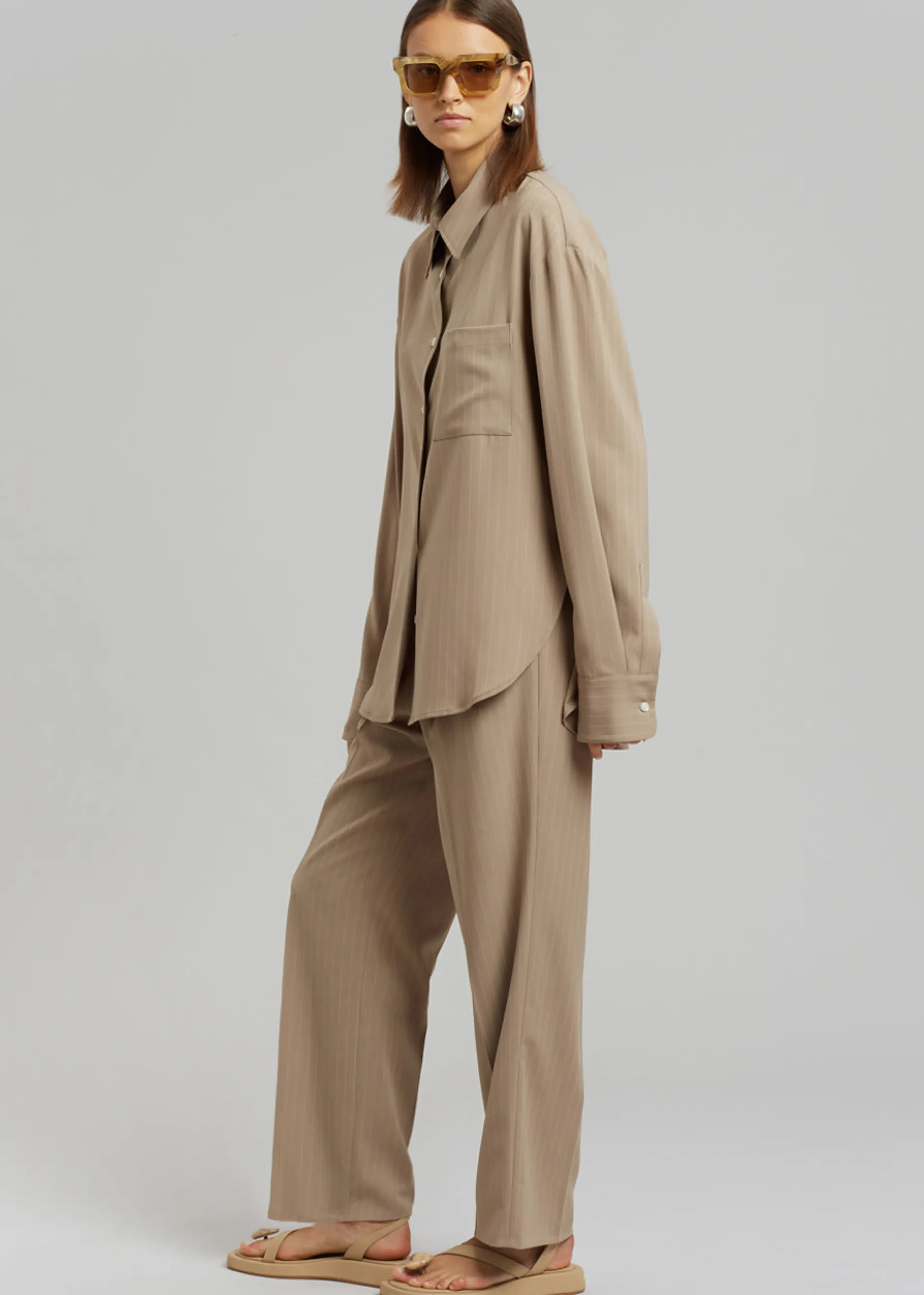 The Frankie Shop Bea Fluid Pinstripe Suit Pants Camel Hot
