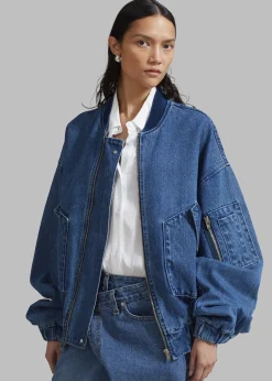 The Frankie Shop Cade Denim Bomber Medium Wash New