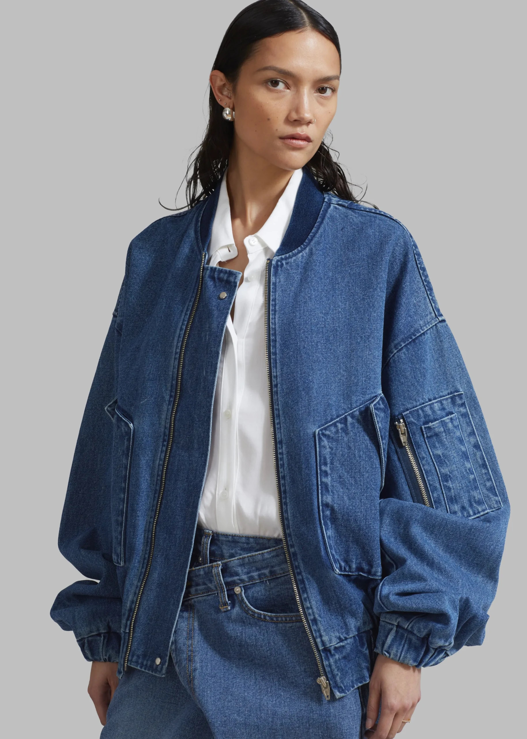 The Frankie Shop Cade Denim Bomber Medium Wash New
