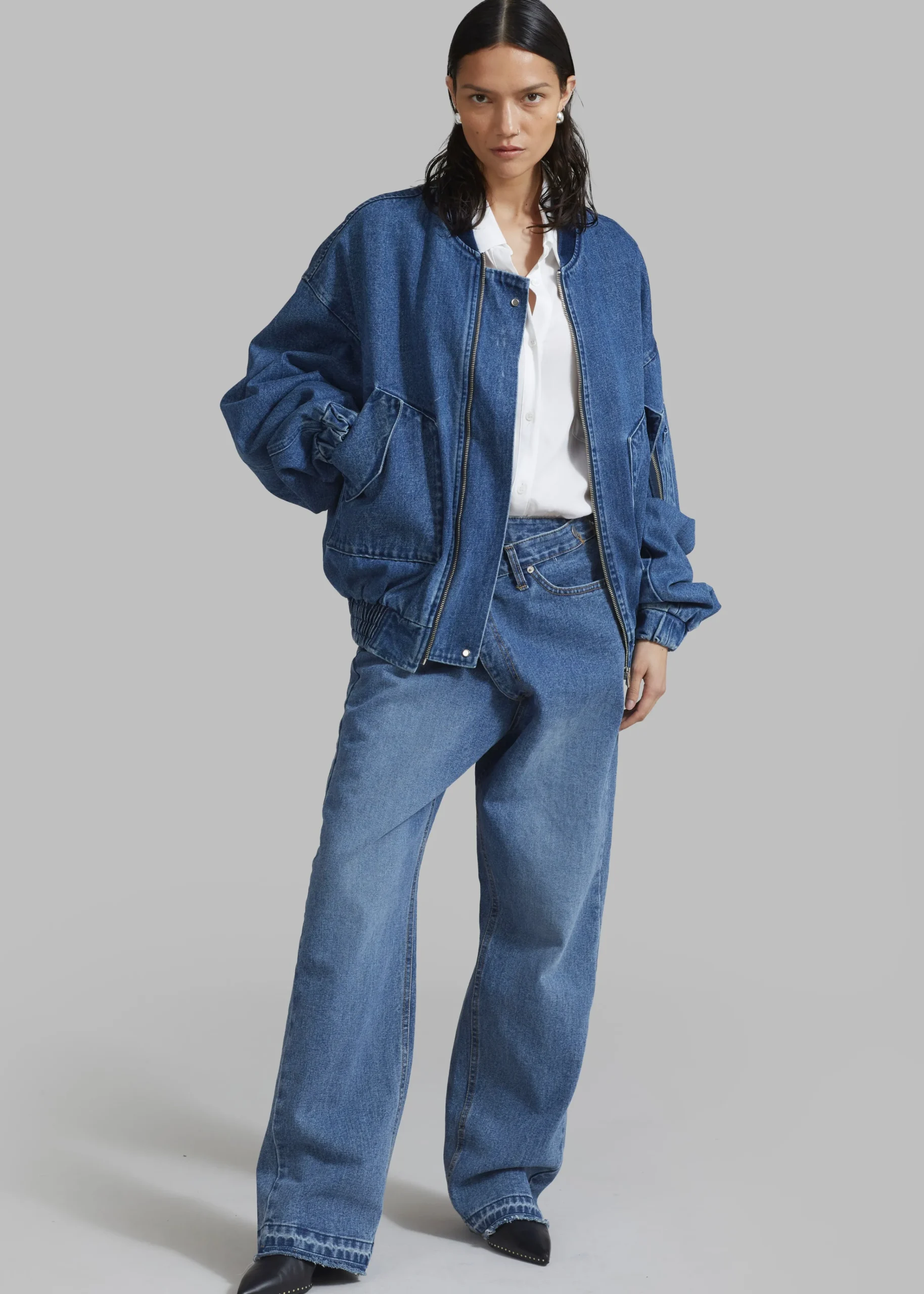 The Frankie Shop Cade Denim Bomber Medium Wash New