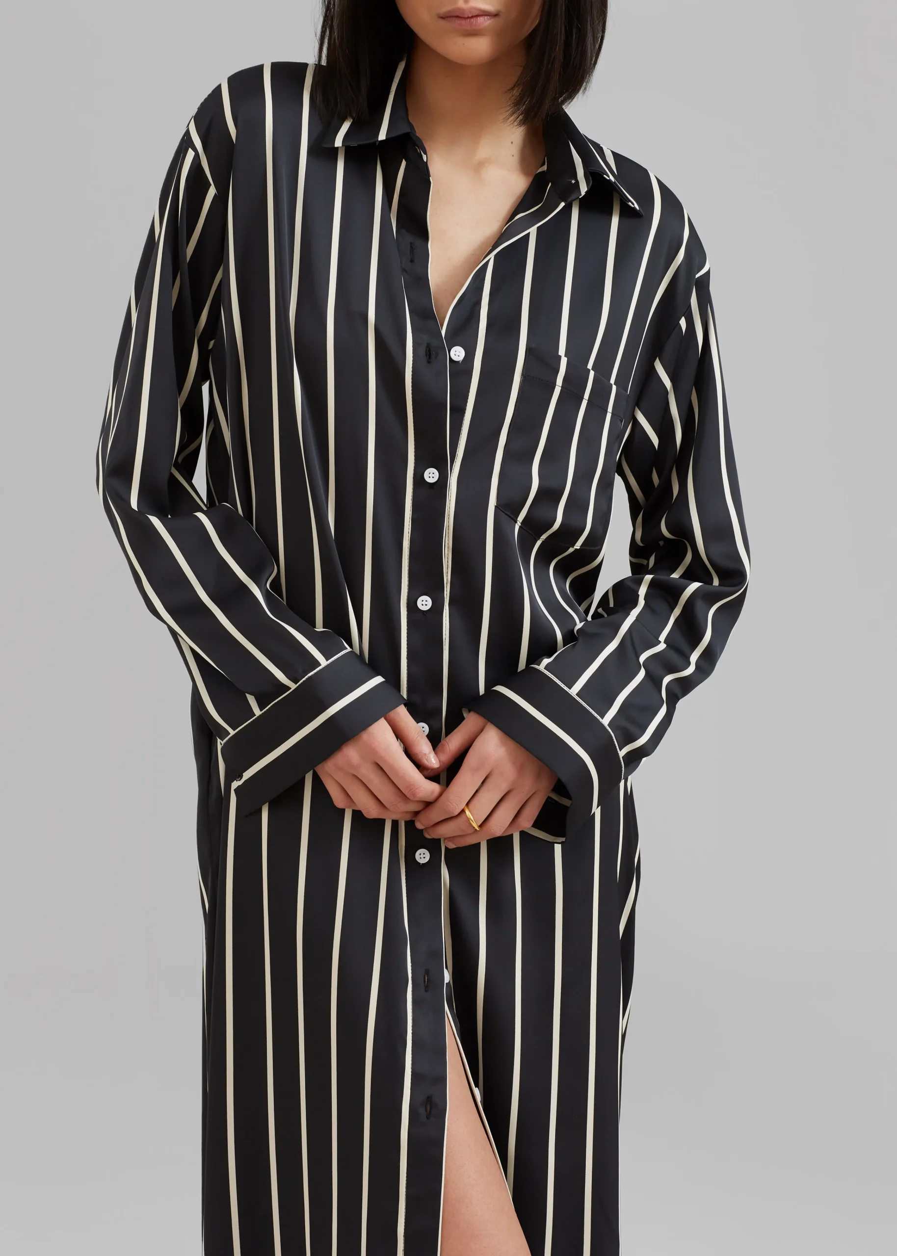 The Frankie Shop Cala Satin Shirt Dress Beige Stripe Discount