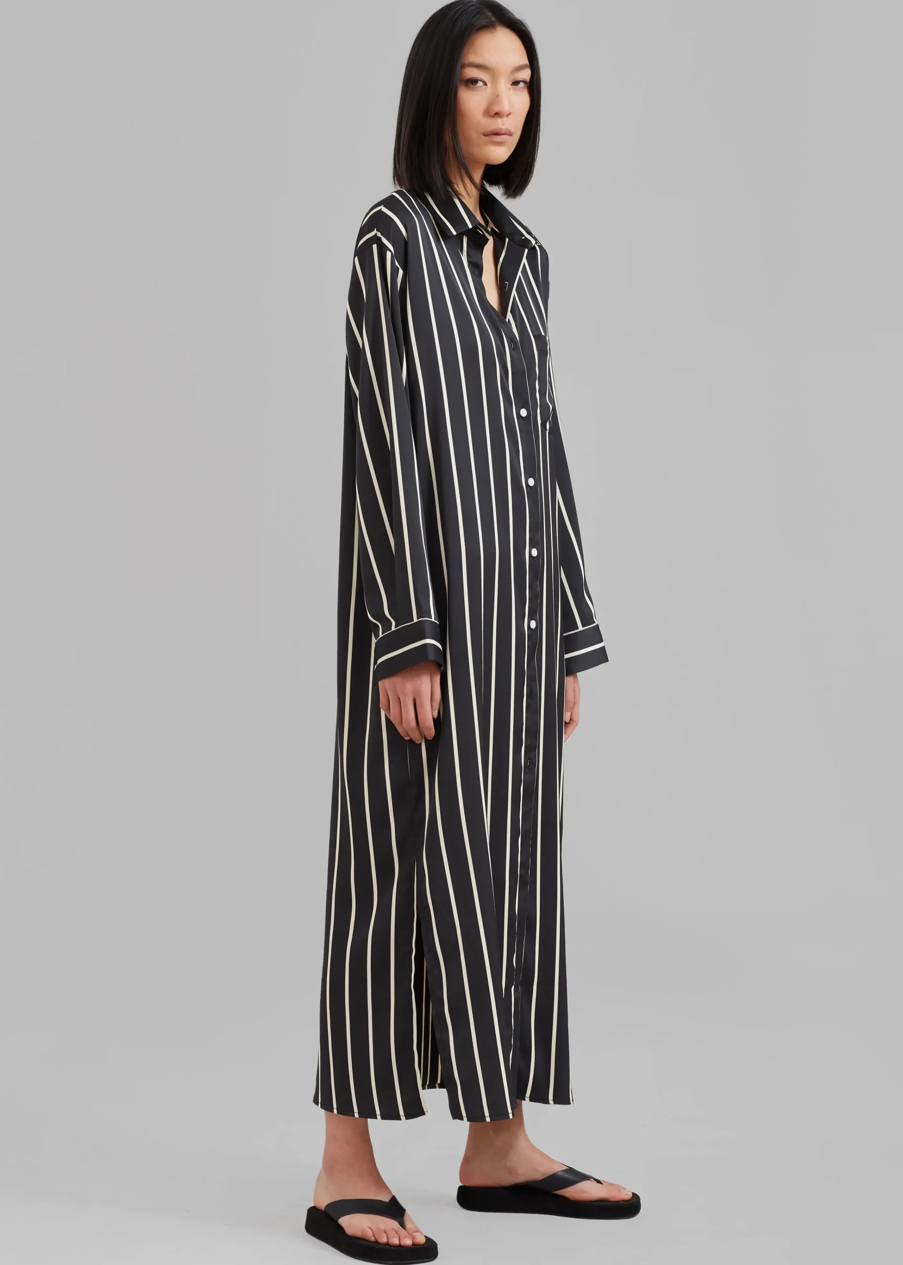 The Frankie Shop Cala Satin Shirt Dress Beige Stripe Discount