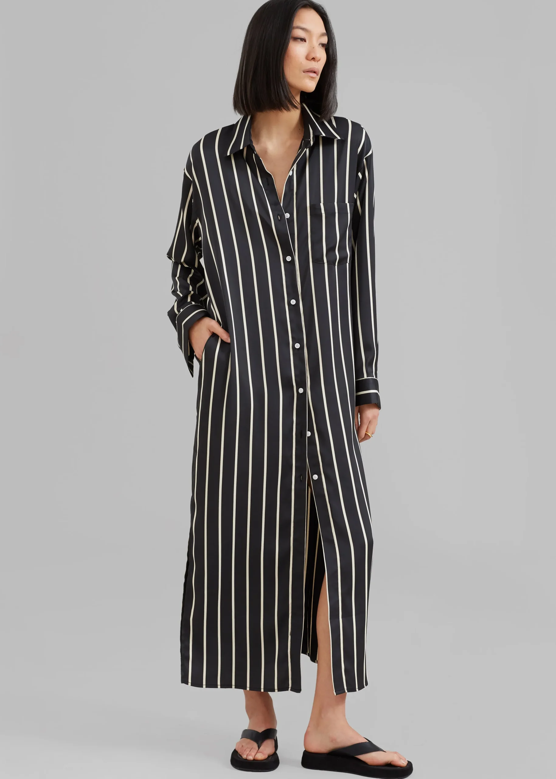 The Frankie Shop Cala Satin Shirt Dress Beige Stripe Discount
