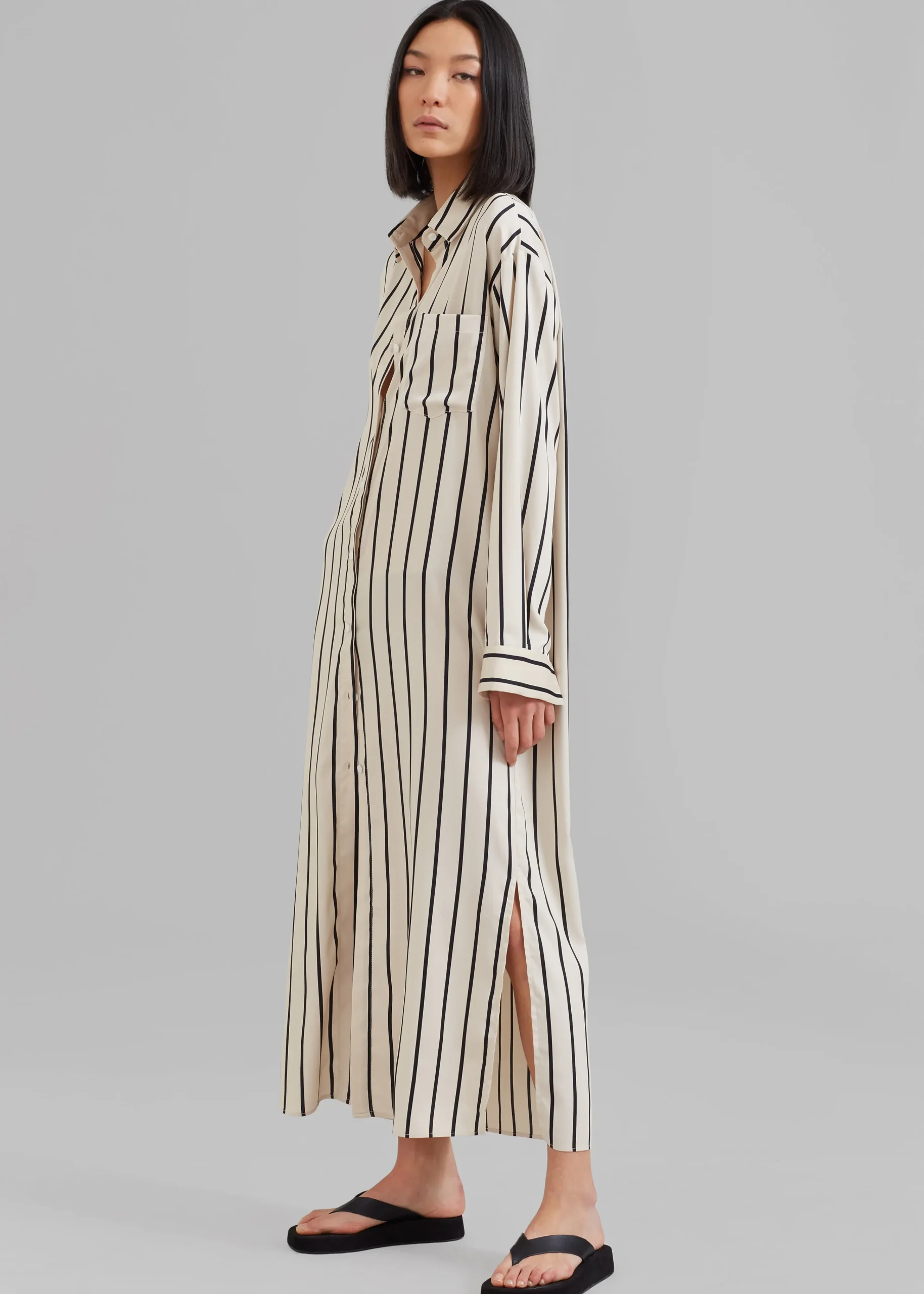 The Frankie Shop Cala Satin Shirt Dress Black Stripe Discount