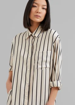 The Frankie Shop Cala Satin Shirt Dress Black Stripe Discount