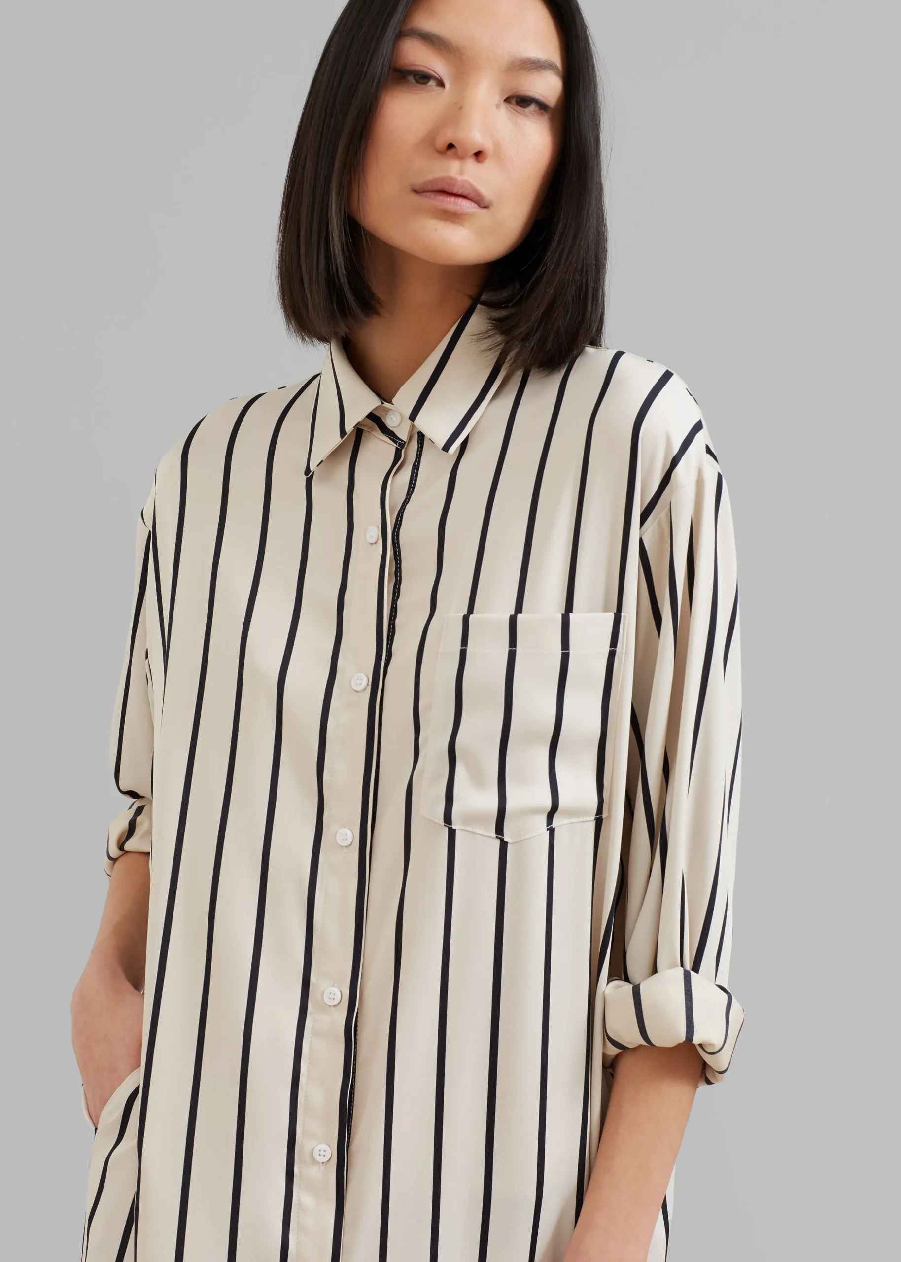 The Frankie Shop Cala Satin Shirt Dress Black Stripe Discount