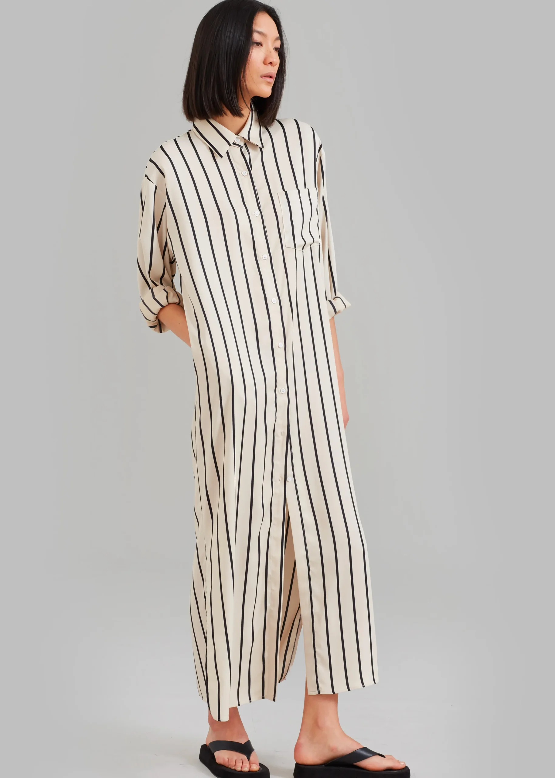 The Frankie Shop Cala Satin Shirt Dress Black Stripe Discount