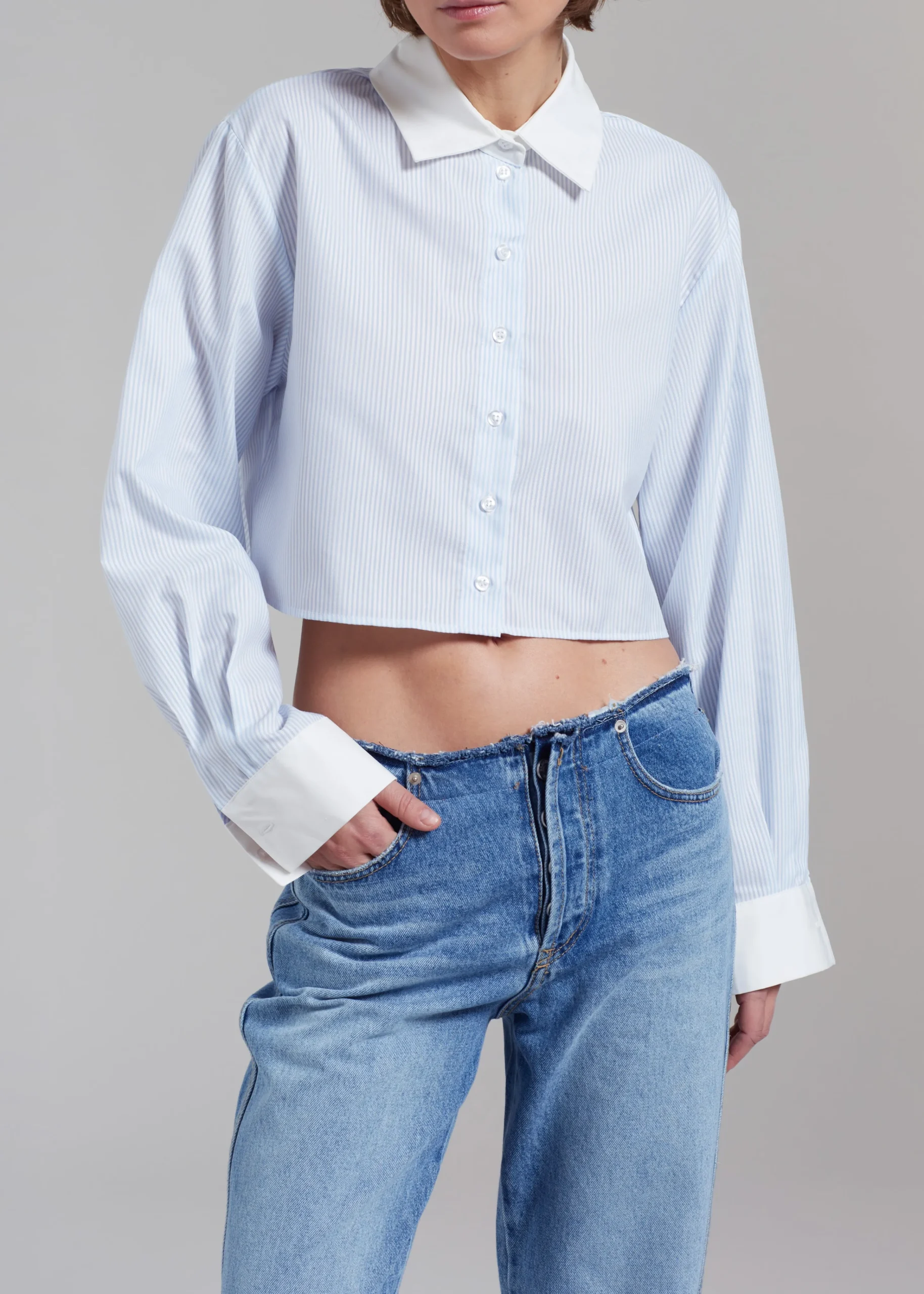 The Frankie Shop Calgari Contrast Cropped Shirt Blue Stripe Best