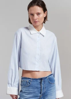 The Frankie Shop Calgari Contrast Cropped Shirt Blue Stripe Best