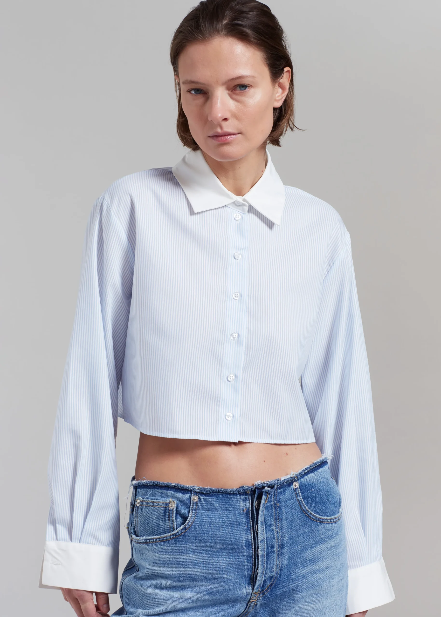 The Frankie Shop Calgari Contrast Cropped Shirt Blue Stripe Best