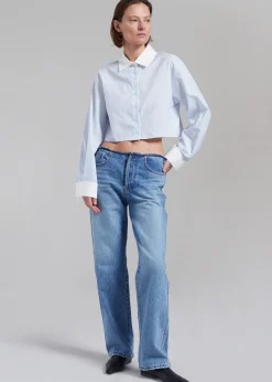 The Frankie Shop Calgari Contrast Cropped Shirt Blue Stripe Best