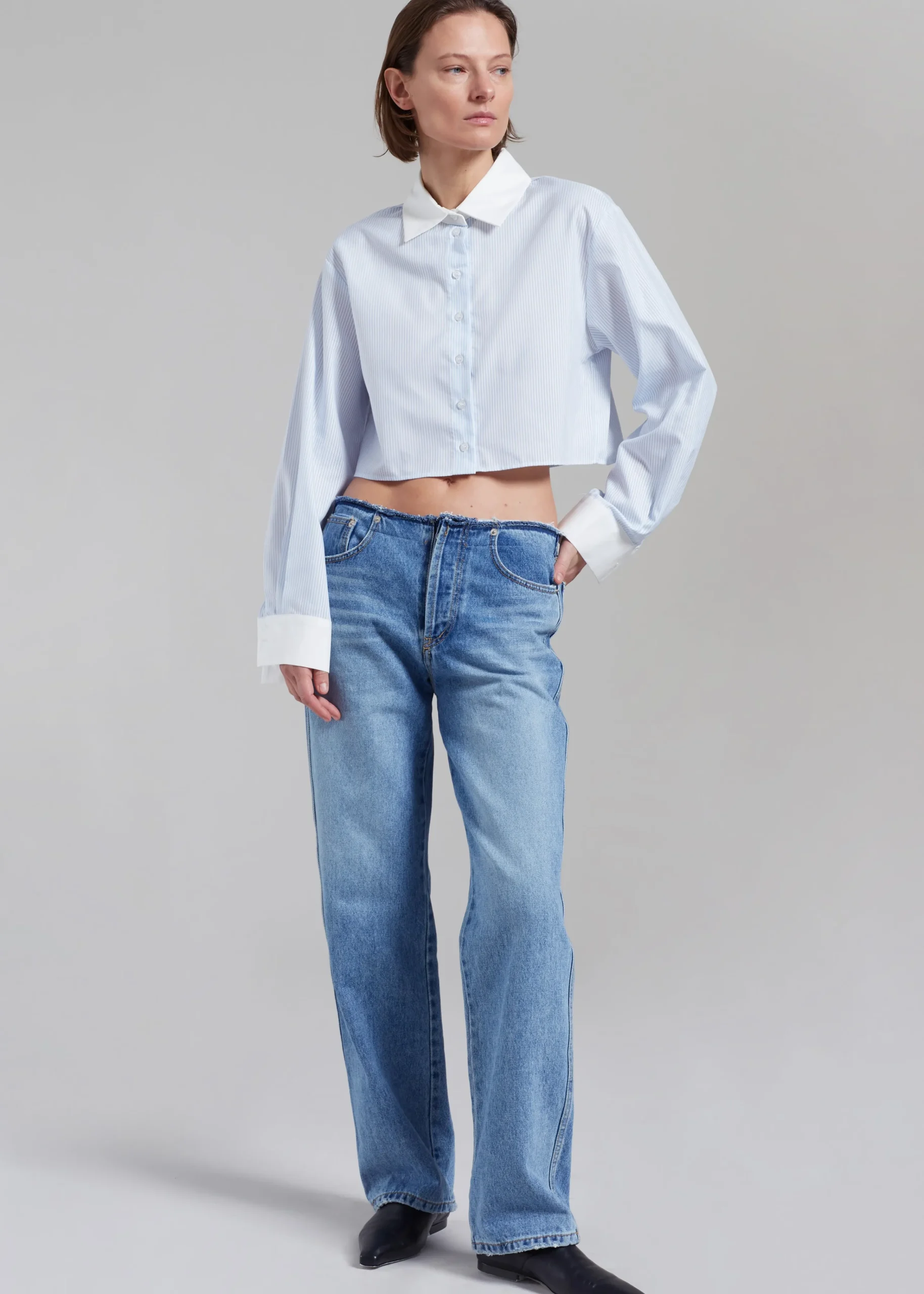 The Frankie Shop Calgari Contrast Cropped Shirt Blue Stripe Best