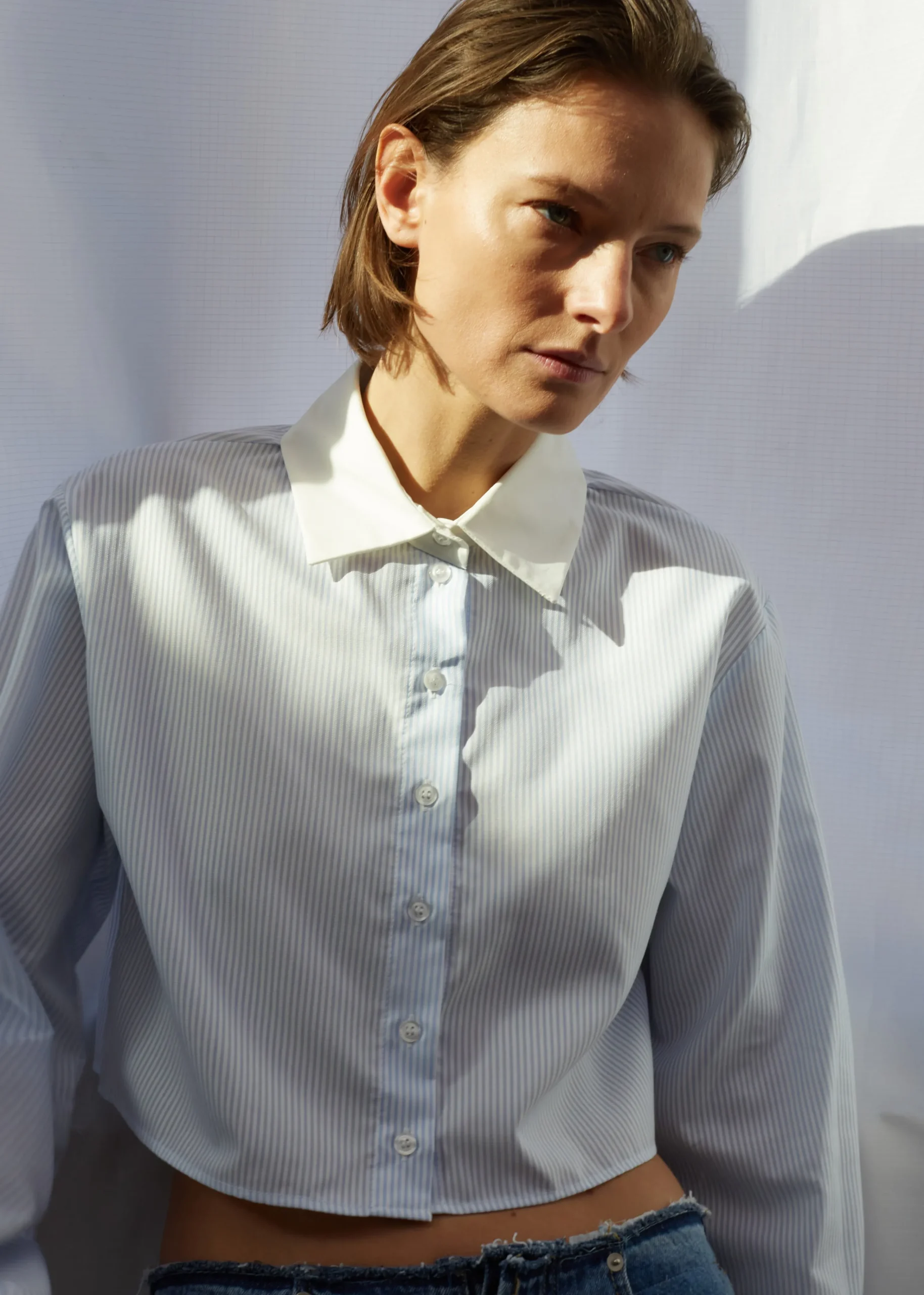 The Frankie Shop Calgari Contrast Cropped Shirt Blue Stripe Best