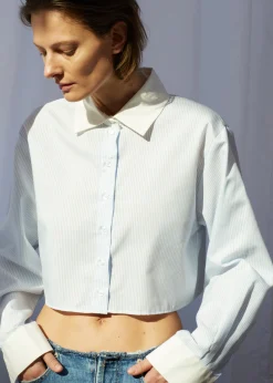 The Frankie Shop Calgari Contrast Cropped Shirt Blue Stripe Best