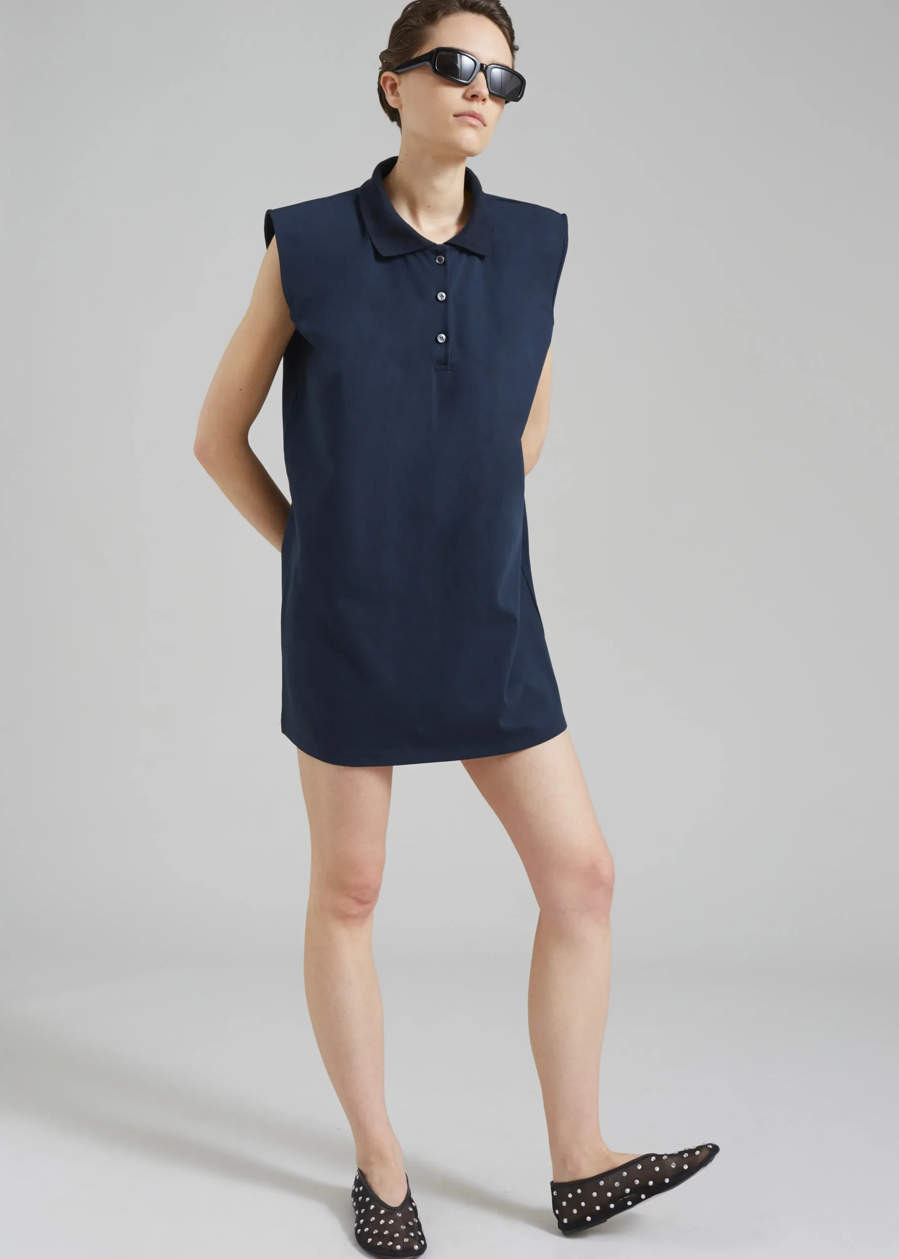The Frankie Shop Chris Polo Padded Shoulders Mini Dress Navy Online