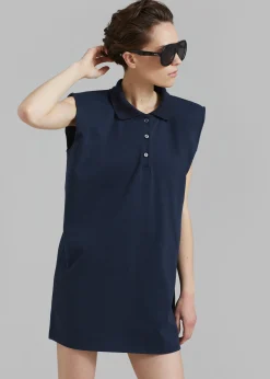 The Frankie Shop Chris Polo Padded Shoulders Mini Dress Navy Online