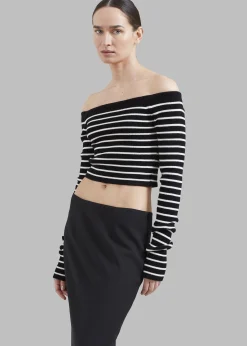 The Frankie Shop Coco Black Off Shoulder Sweater White Stripe Best