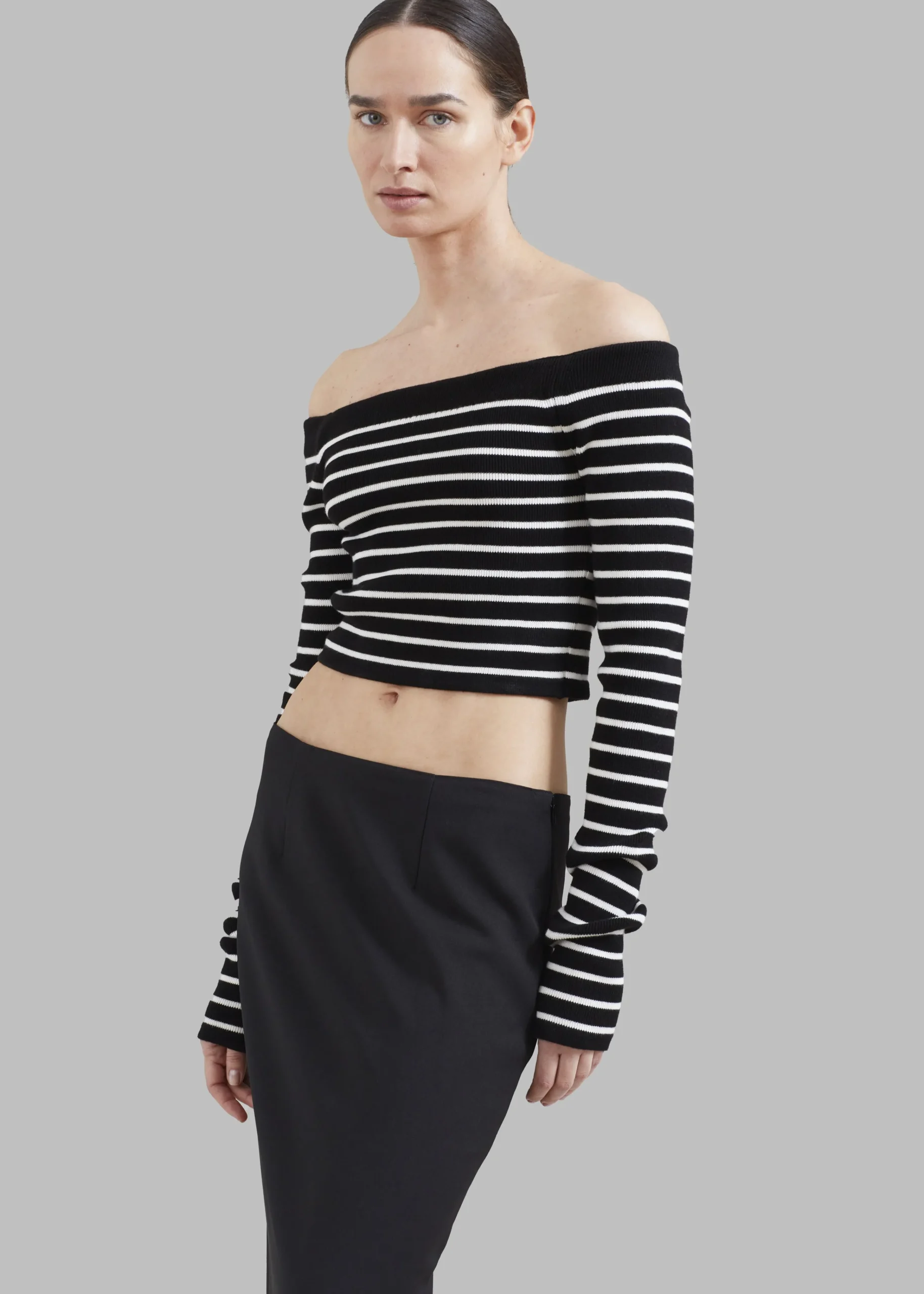 The Frankie Shop Coco Black Off Shoulder Sweater White Stripe Best