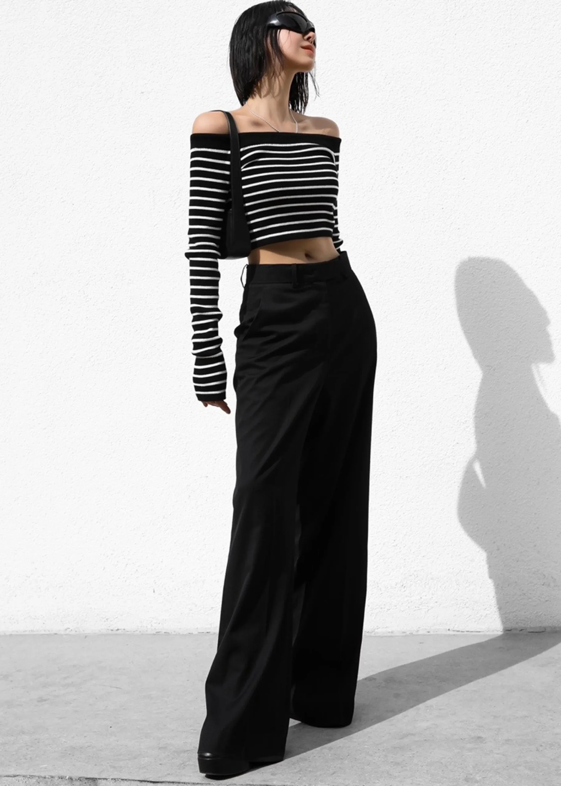 The Frankie Shop Coco Black Off Shoulder Sweater White Stripe Best