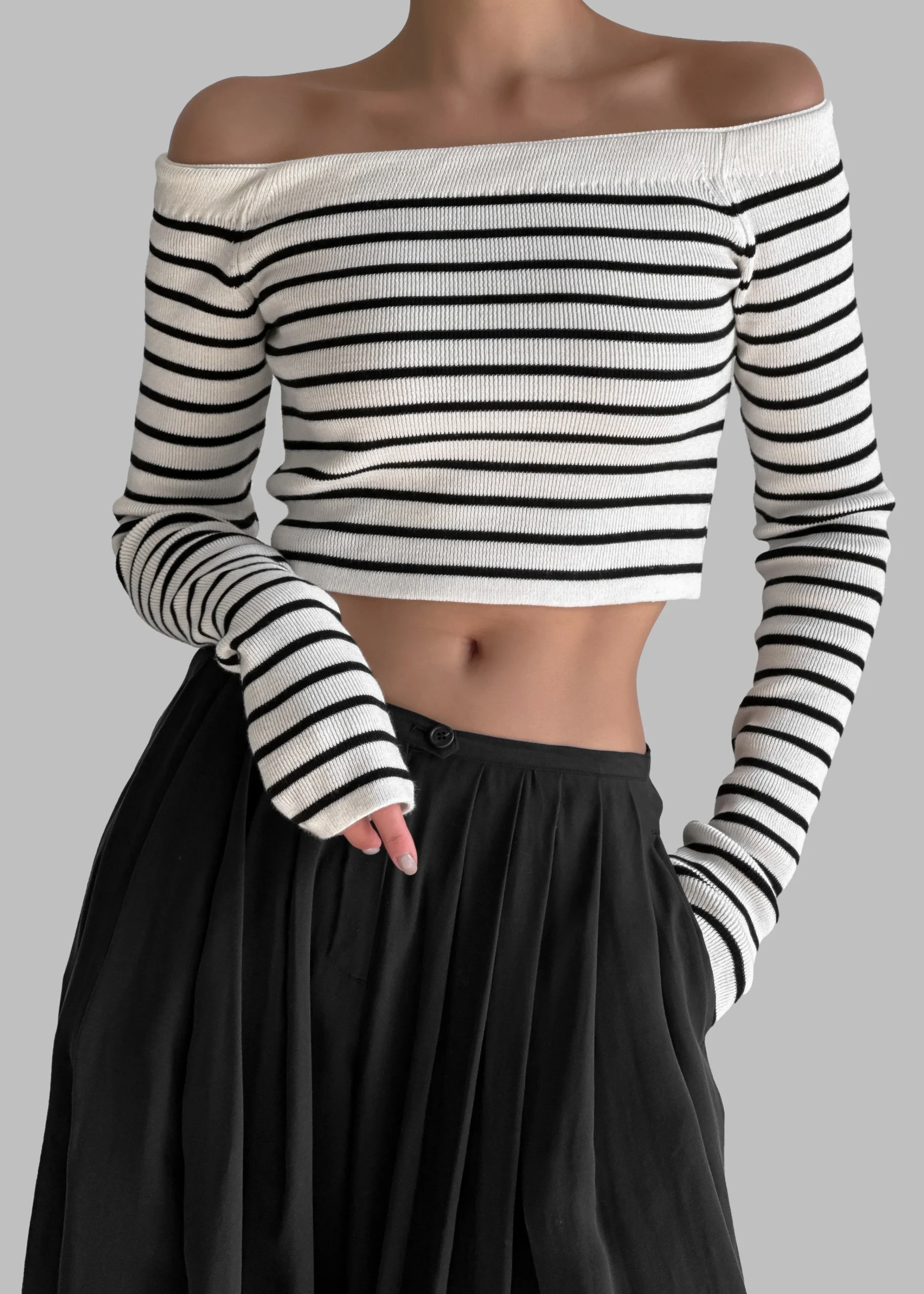 The Frankie Shop Coco White Off Shoulder Sweater Black Stripe Outlet