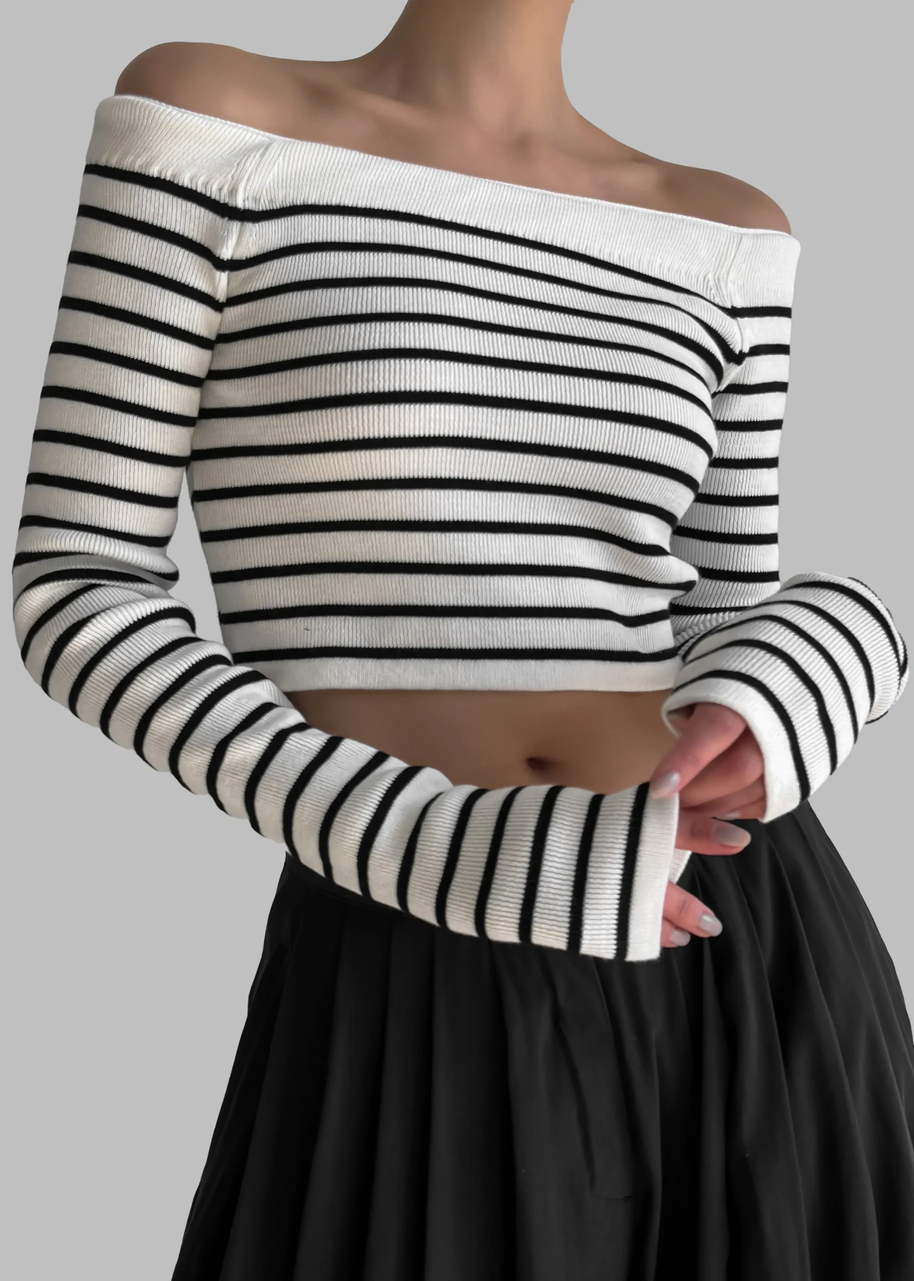 The Frankie Shop Coco White Off Shoulder Sweater Black Stripe Outlet