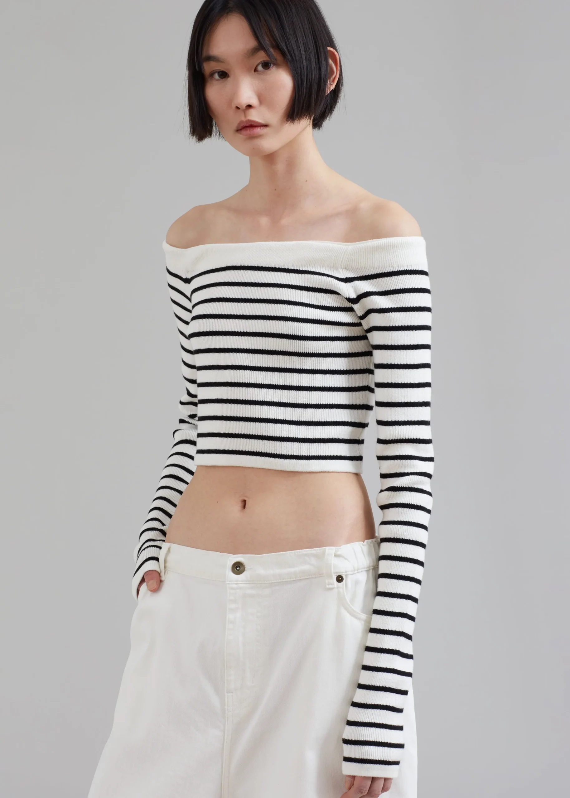 The Frankie Shop Coco White Off Shoulder Sweater Black Stripe Outlet