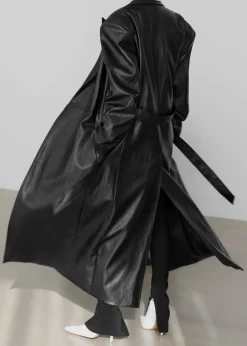 The Frankie Shop Connie Faux Leather Belted Trench Coat Black
