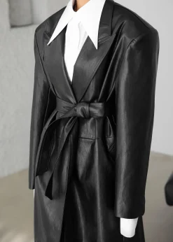 The Frankie Shop Connie Faux Leather Belted Trench Coat Black