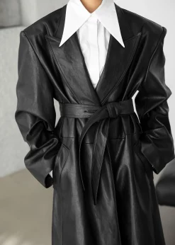 The Frankie Shop Connie Faux Leather Belted Trench Coat Black