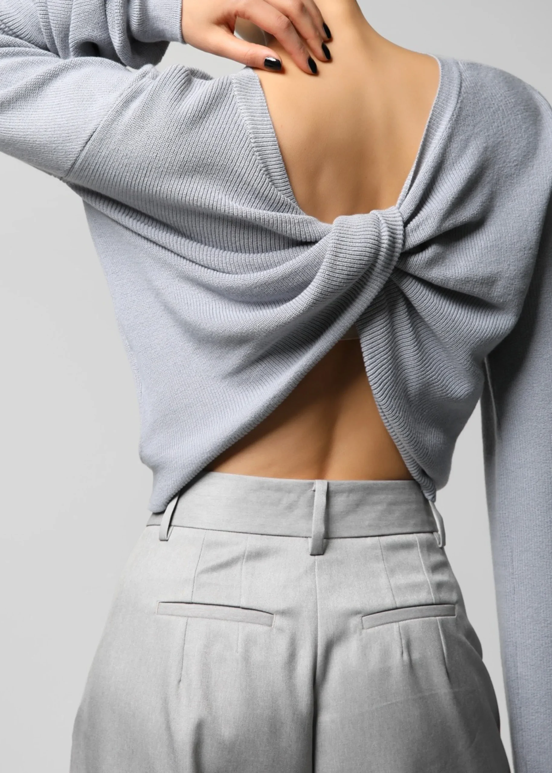 The Frankie Shop Darcey Twisted Knit Top Light Grey