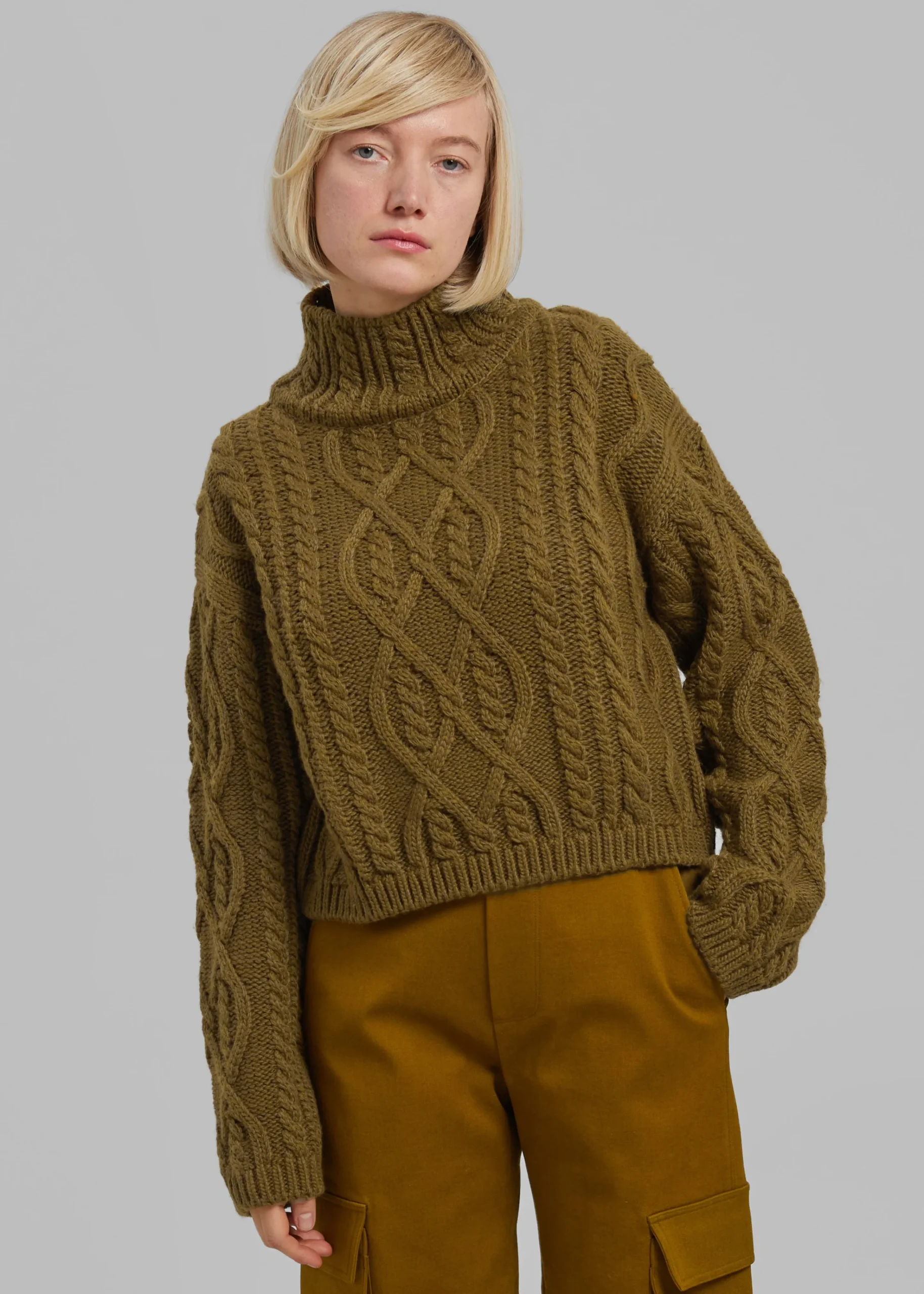 The Frankie Shop Devi Cable-Knit Mock Neck Sweater Khaki Brown Online