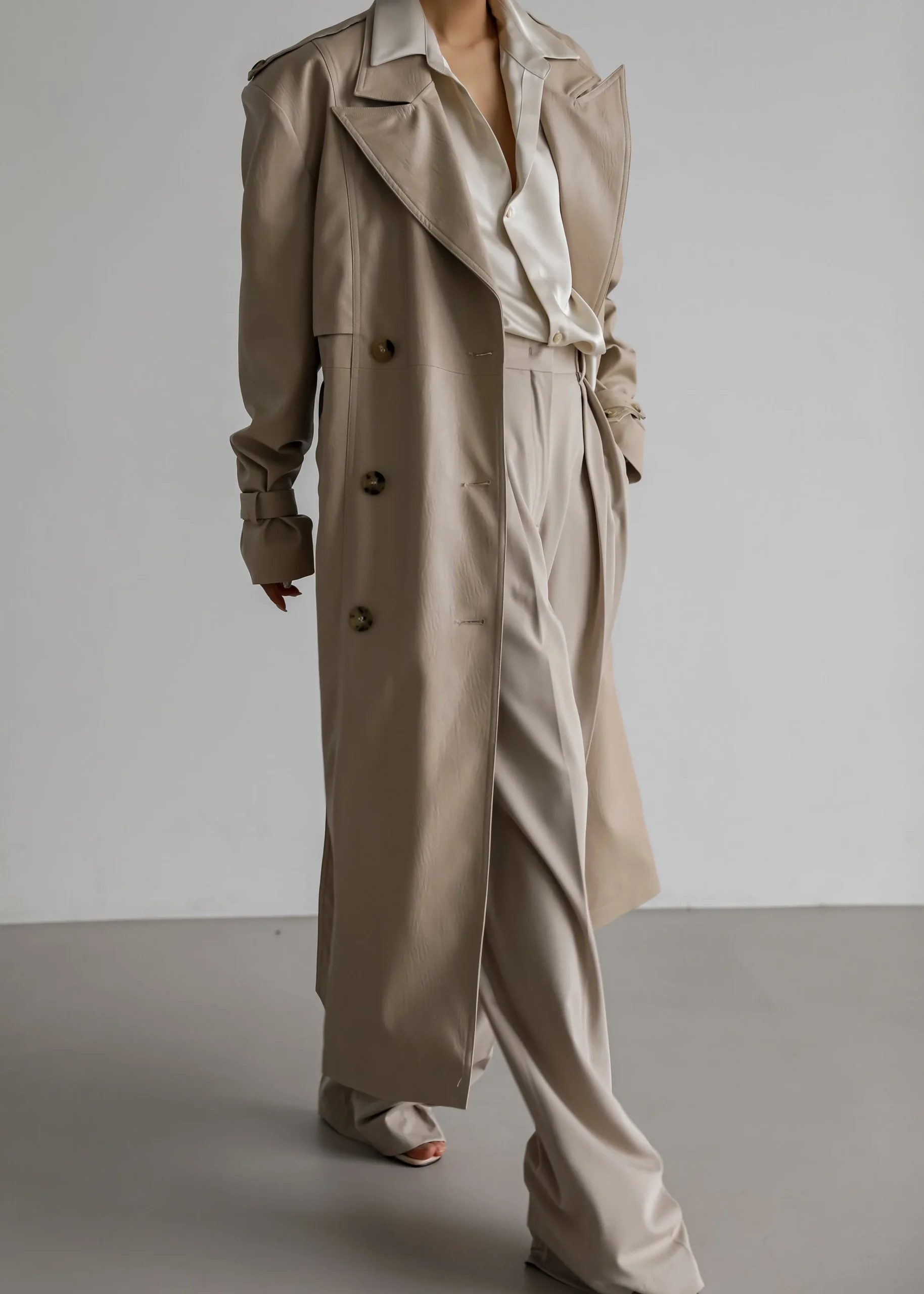 The Frankie Shop Diana Faux Leather Trench Coat Beige Hot