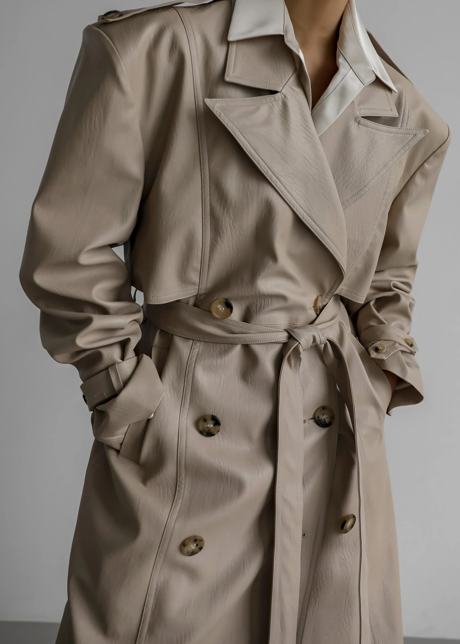 The Frankie Shop Diana Faux Leather Trench Coat Beige Hot