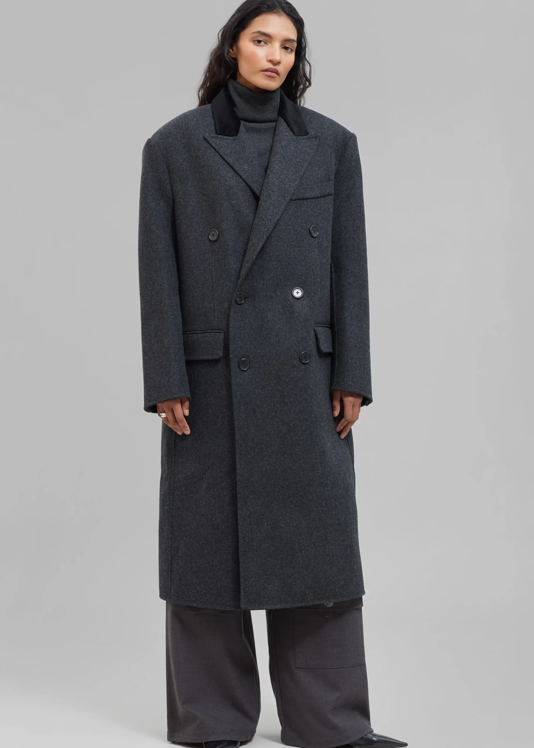 The Frankie Shop Dolly Contrast Collar Coat Dark Grey Melange