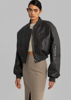 The Frankie Shop Gae Faux Leather Cropped Bomber Charcoal Hot