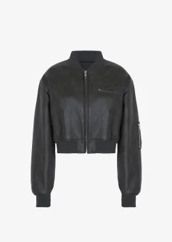 The Frankie Shop Gae Faux Leather Cropped Bomber Charcoal Hot