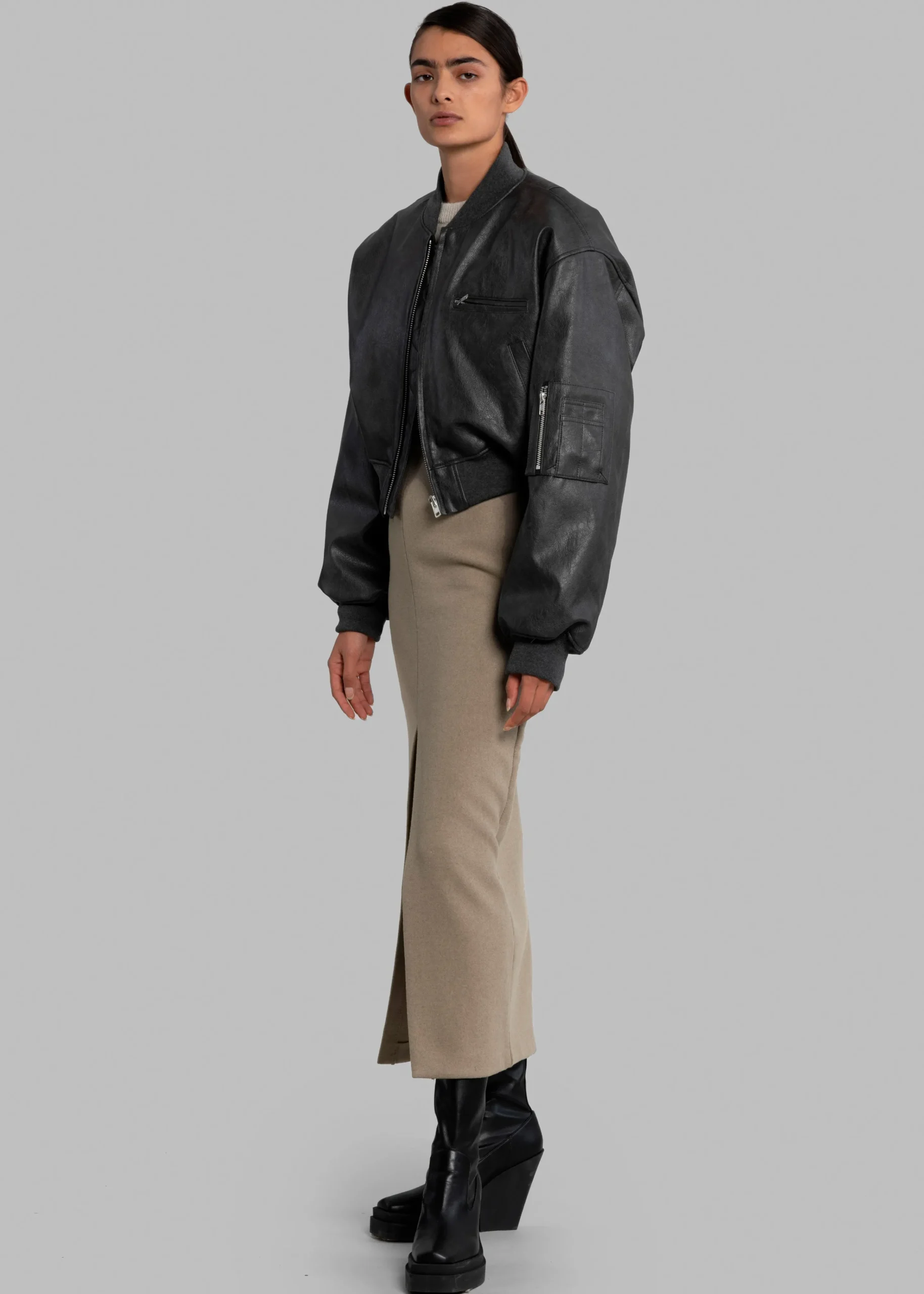 The Frankie Shop Gae Faux Leather Cropped Bomber Charcoal Hot