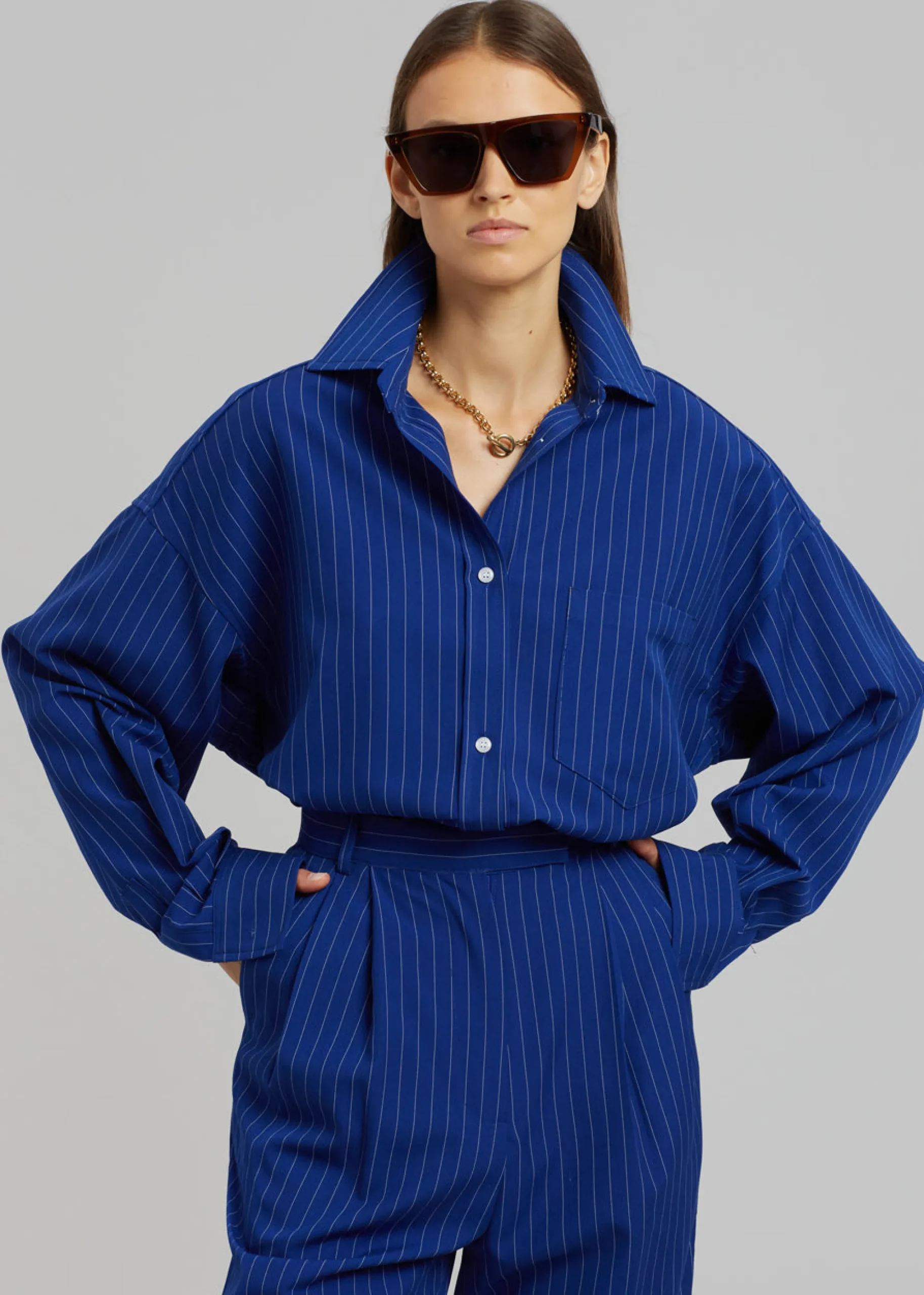 The Frankie Shop Georgia Fluid Stripe Shirt Deep Blue Clearance