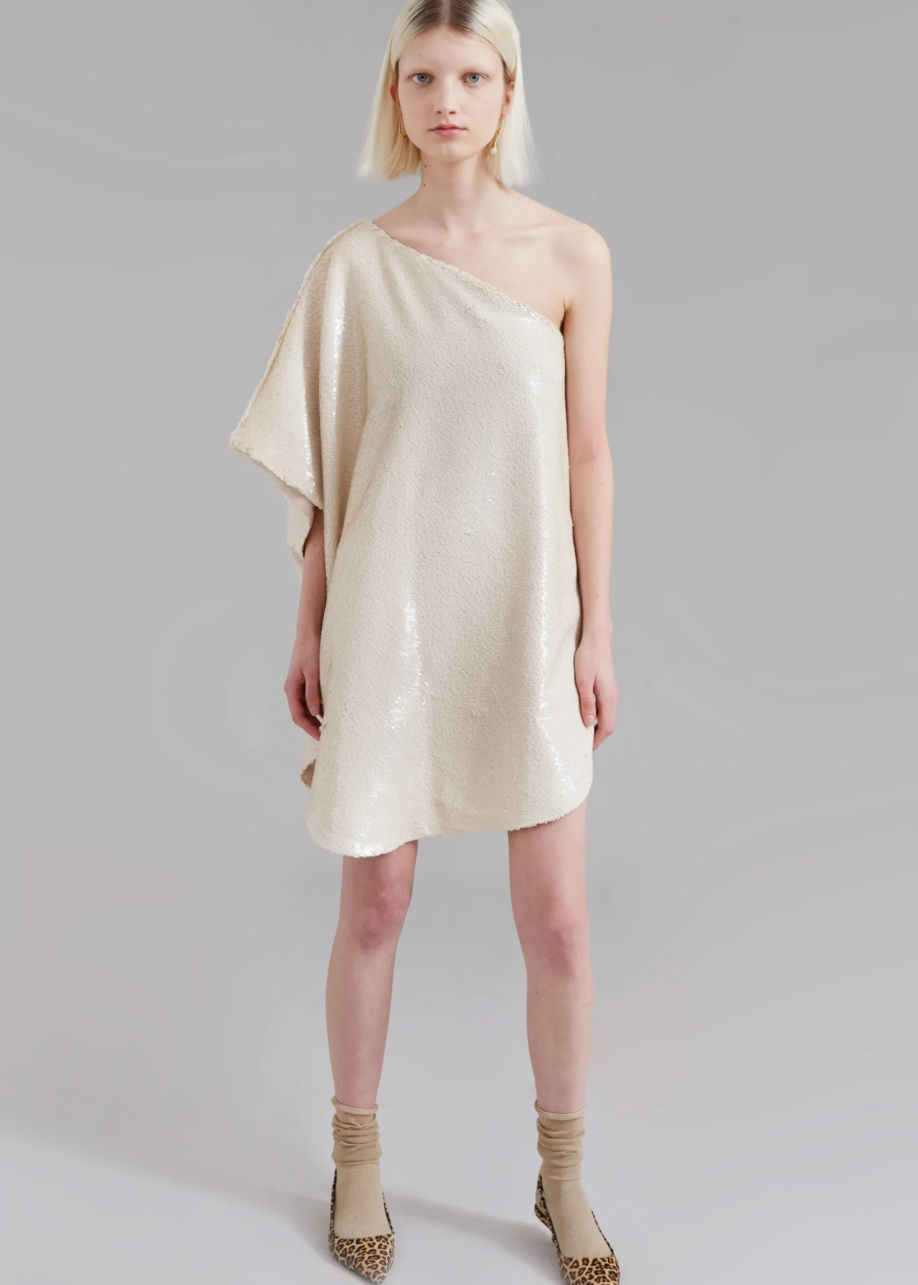 The Frankie Shop Gloria Sequins One Shoulder Dress Cream New