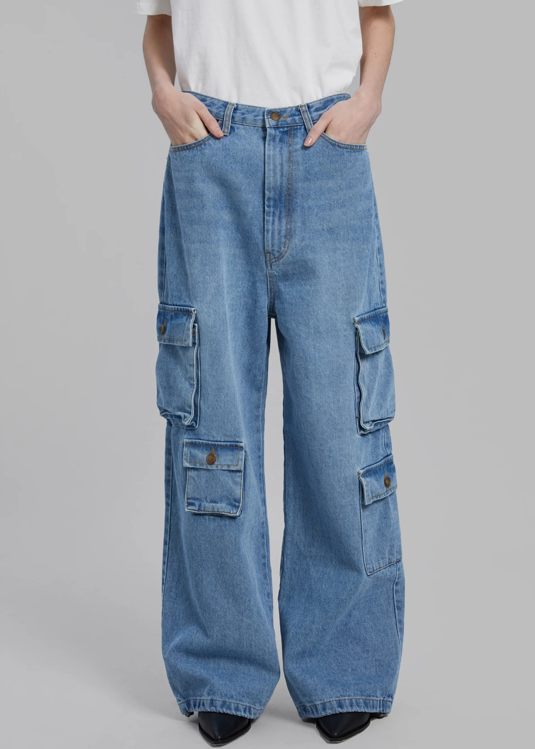 The Frankie Shop Hailey Denim Oversized Cargo Pants Worn Wash Best