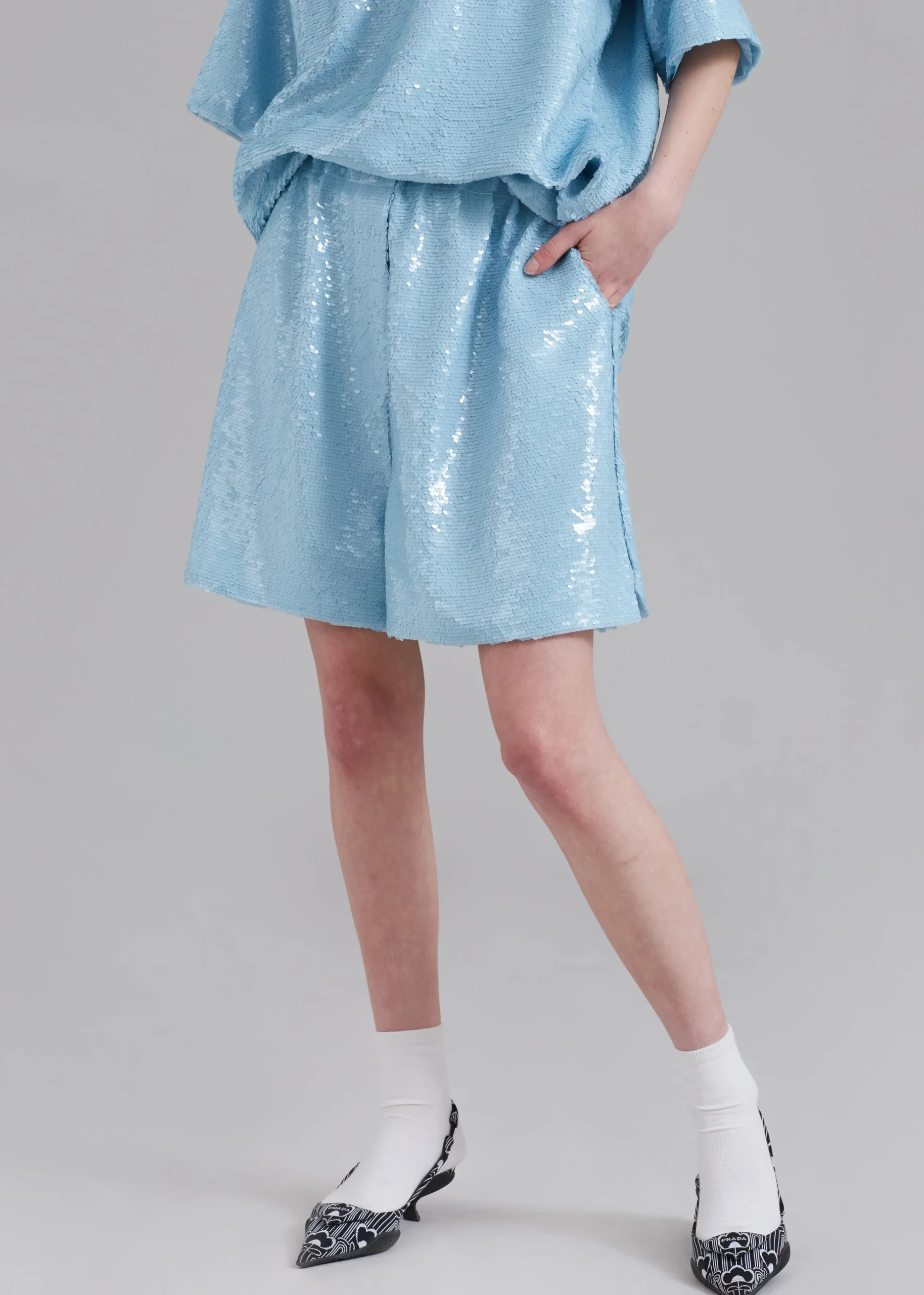 The Frankie Shop Jazz Sequins Boxer Shorts Sky Sale