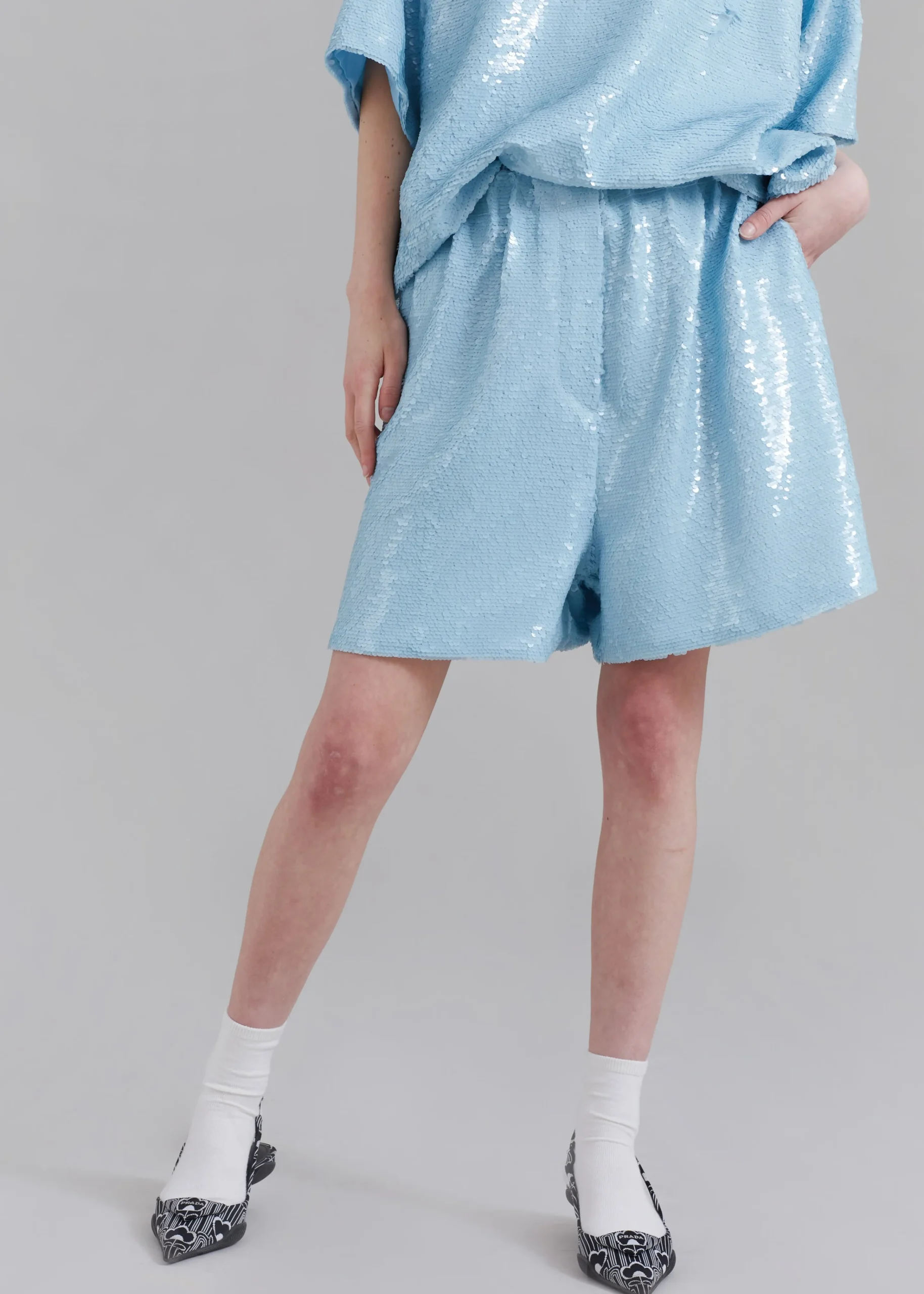 The Frankie Shop Jazz Sequins Boxer Shorts Sky Sale