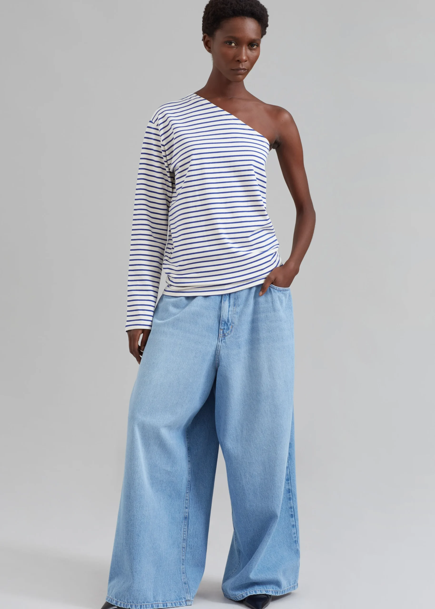 The Frankie Shop Jean One Shoulder Top Blue Stripe Online