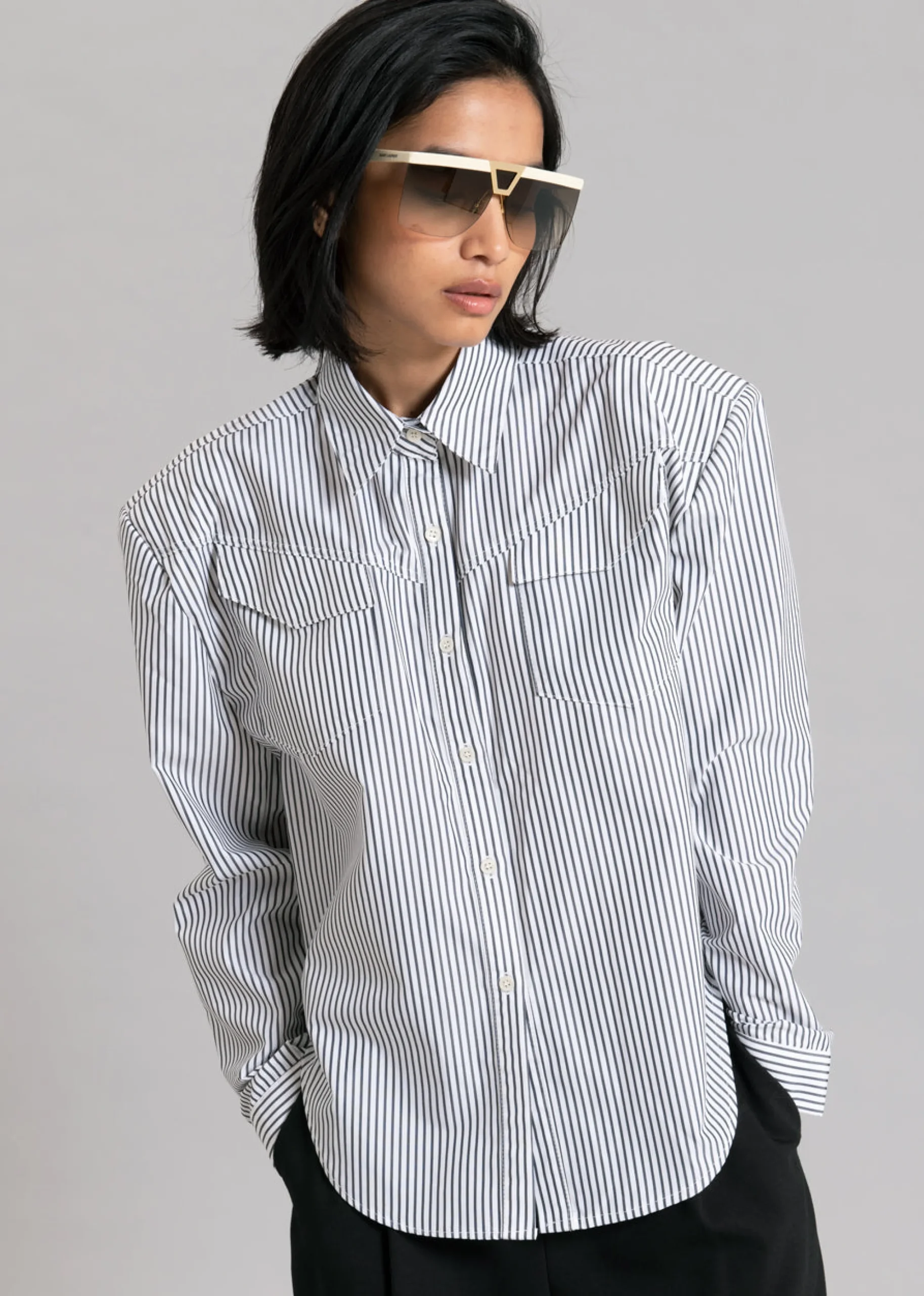 The Frankie Shop Jeanne Padded Shirt Black Stripe Sale