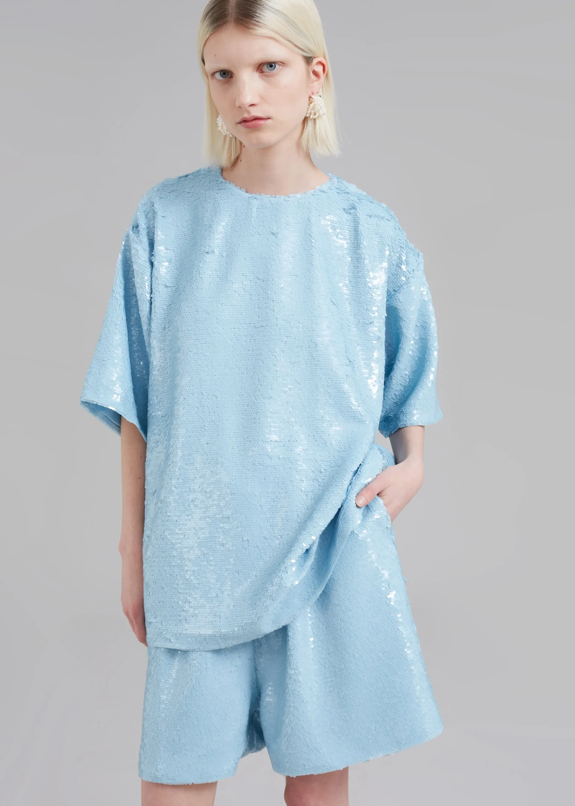 The Frankie Shop Jones Boxy Sequins Tee Sky Clearance