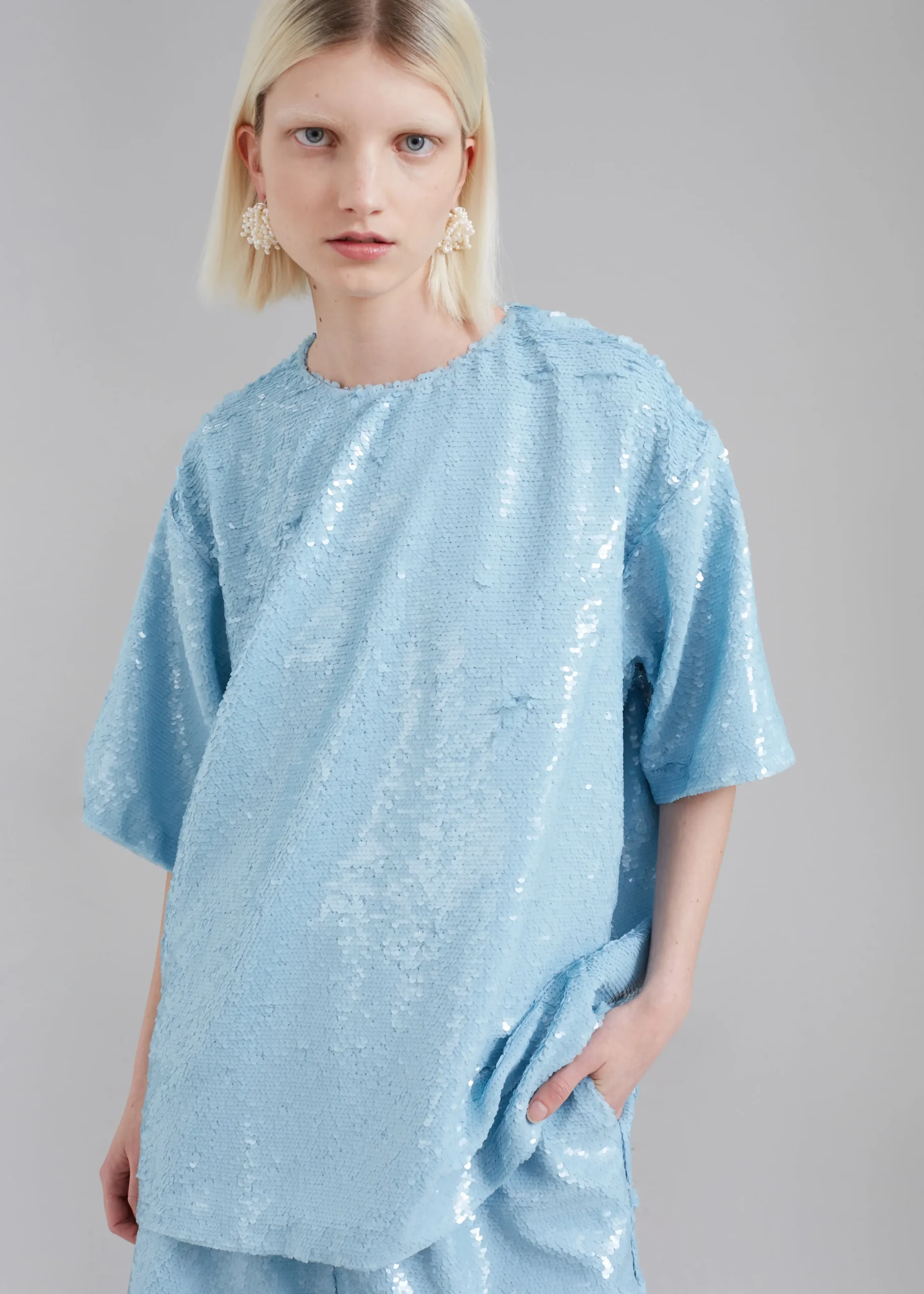 The Frankie Shop Jones Boxy Sequins Tee Sky Clearance